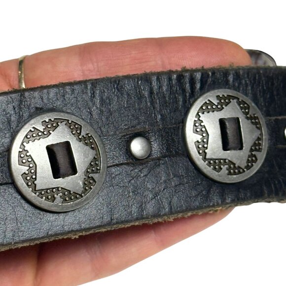 Vintage Dark Brown/Black Leather Silver Concho Belt - Picture 6 of 11